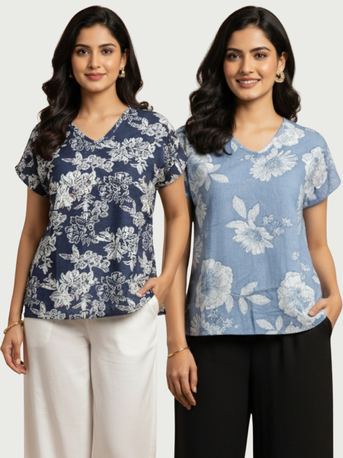 Pack Of 2 Womens Dark Grey And Grey Airy Linen Cotton Printed Tops