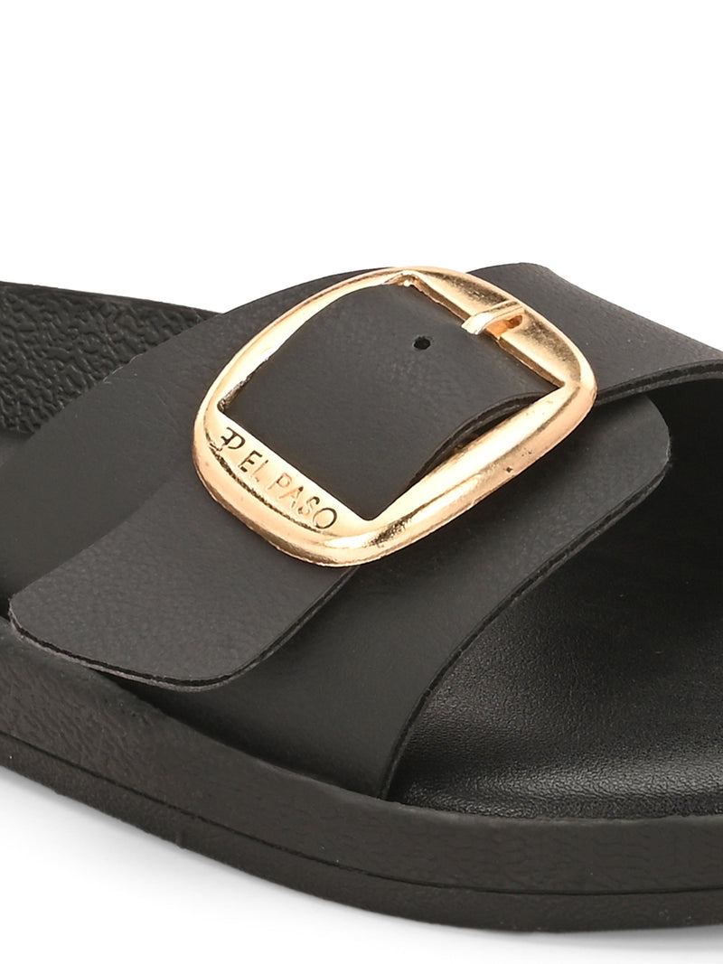 El Paso Women Faux Leather Buckles Open Toe Flats-3