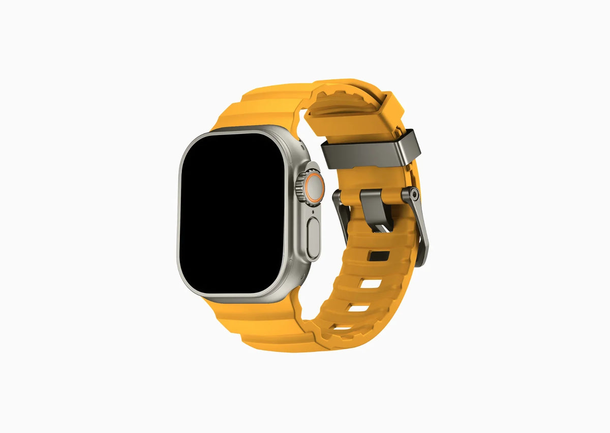 Apple Smartwatch with a yellow band on a white background