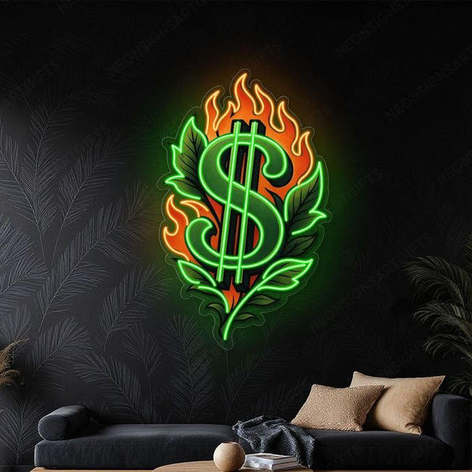 Blazing Dollar Neon Wall Art – Flaming Money LED Sign | Neon Signs India