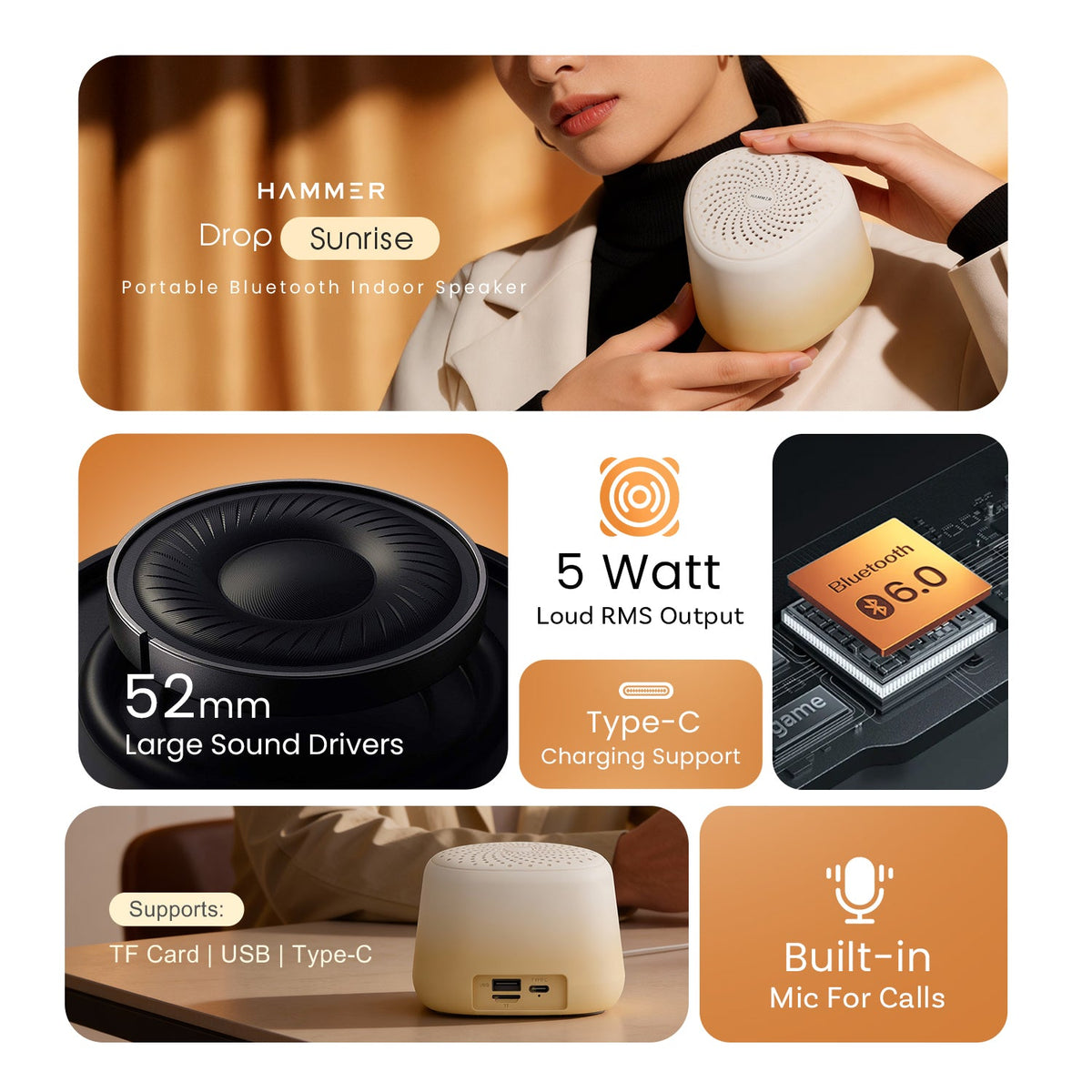 HAMMER Drop Sunrise 5W Portable Speaker with Bluetooth 6.0 & Up to 32H Playtime Beige-8
