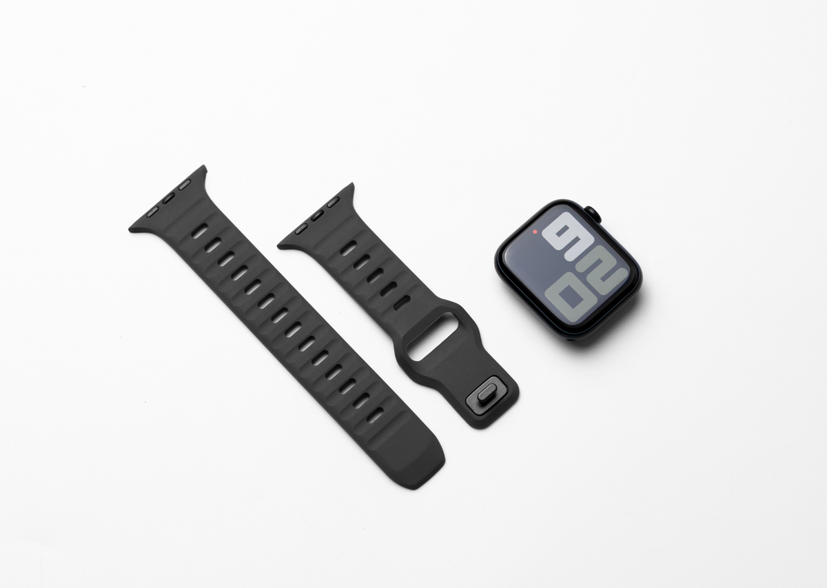 Evening Grey Rugged Silicone Apple Watch Band with Pin & Tuck Closure.