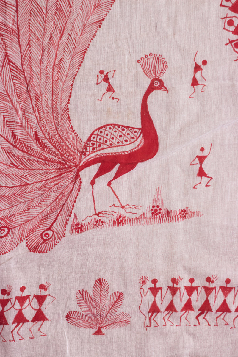 Exclusive Tie Dye Cotton Mul Saree With Handpainted Warli Art (Peacock)-4