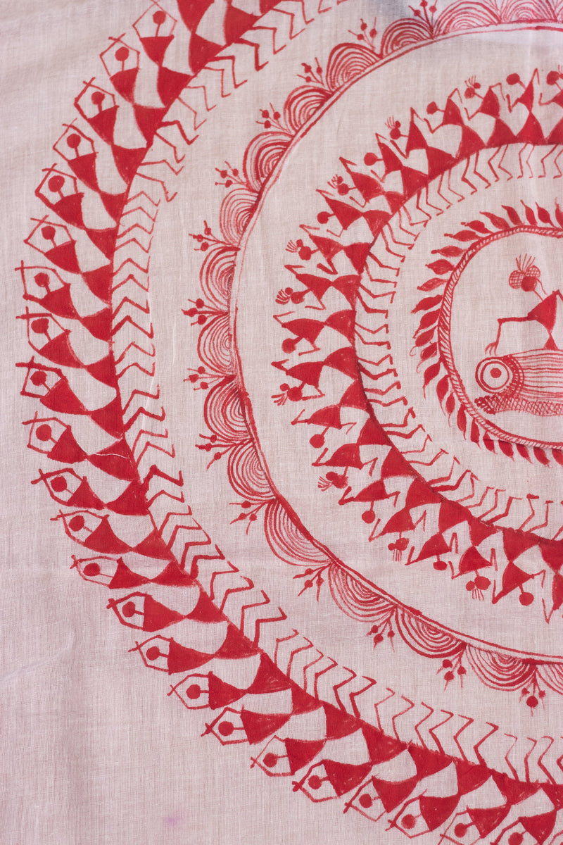 Exclusive Tie Dye Cotton Mul Saree With Handpainted Warli Art (Peacock)-6
