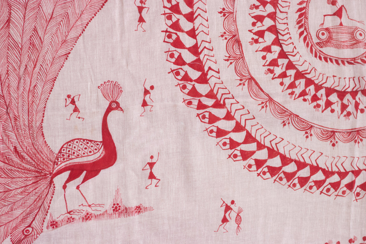 Exclusive Tie Dye Cotton Mul Saree With Handpainted Warli Art (Peacock)-8