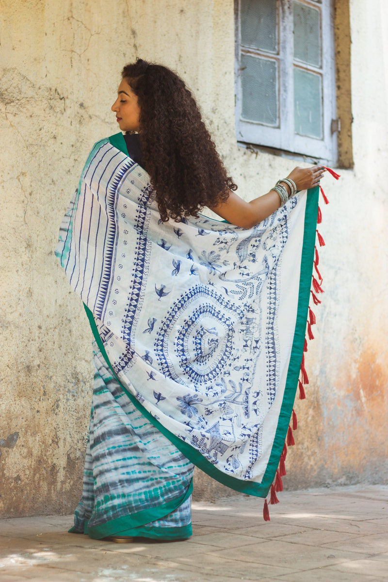 Exclusive Tie Dye Cotton Mul Saree • Handpainted Warli Art (Trees)-2