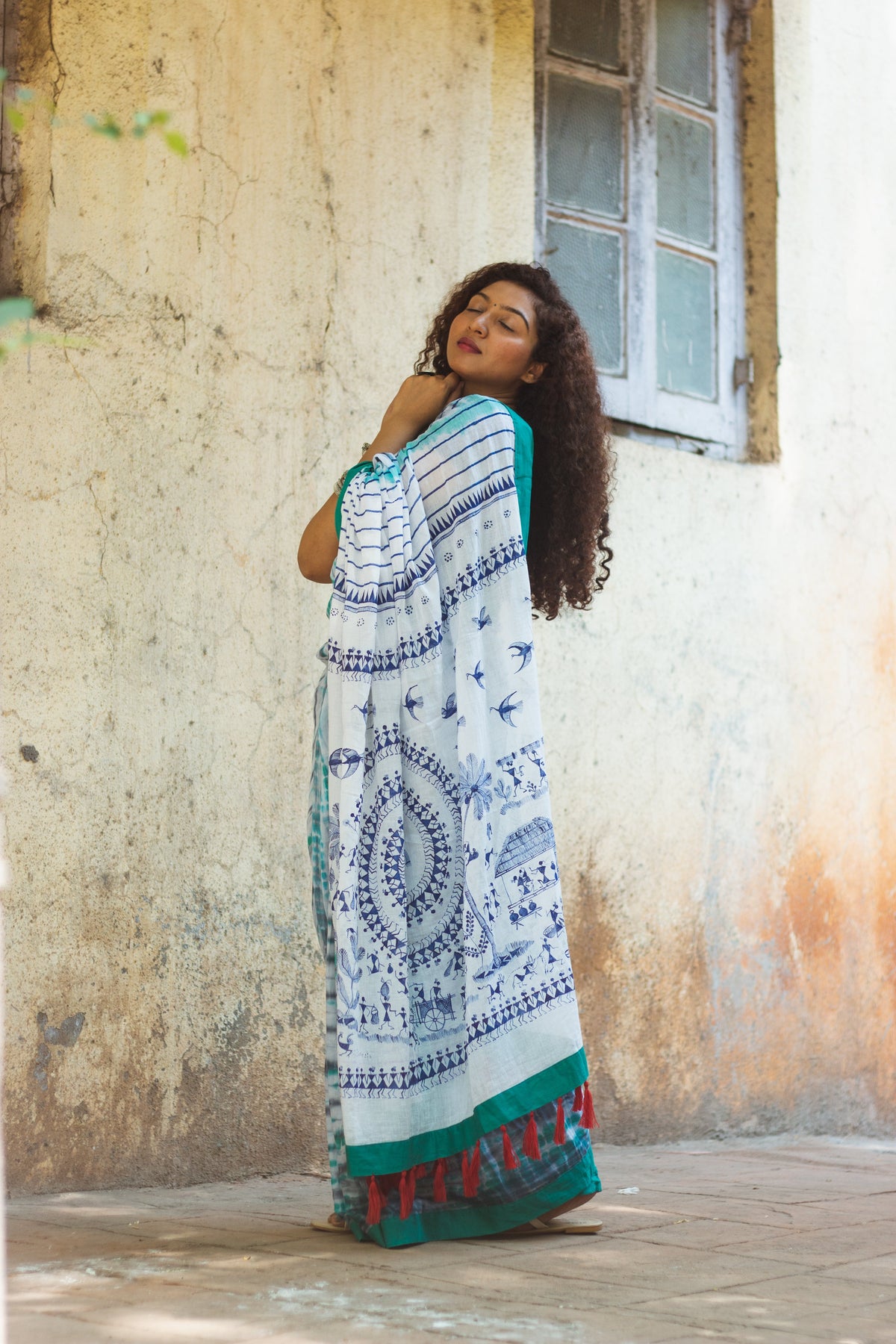 Exclusive Tie Dye Cotton Mul Saree • Handpainted Warli Art (Trees)-8