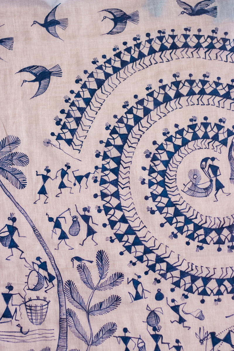 Exclusive Tie Dye Cotton Mul Saree • Handpainted Warli Art (Trees)-4