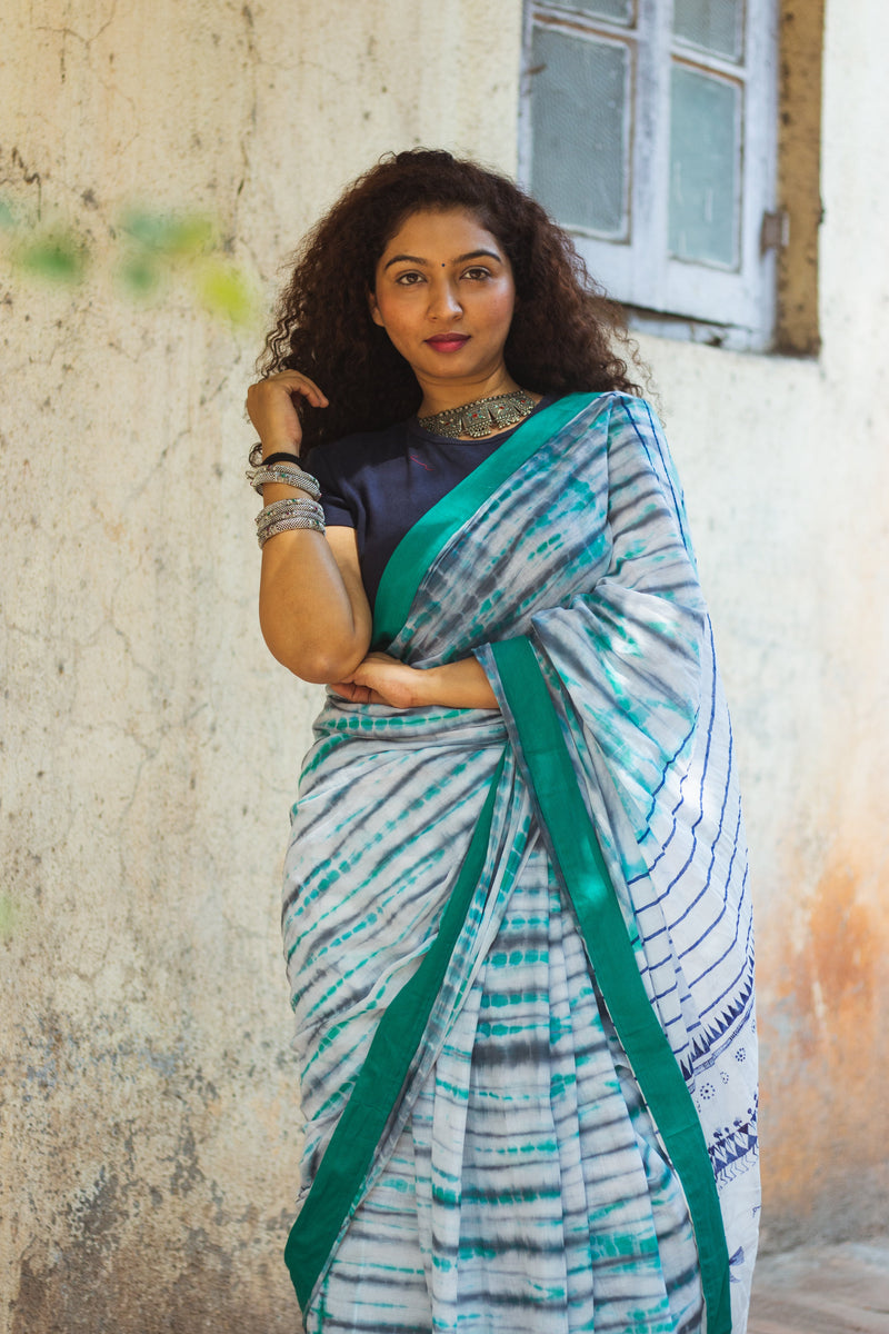 Exclusive Tie Dye Cotton Mul Saree • Handpainted Warli Art (Trees)-1