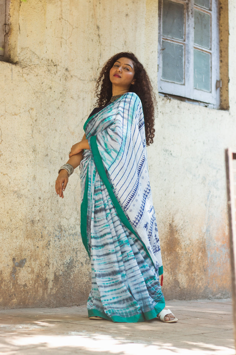 Exclusive Tie Dye Cotton Mul Saree • Handpainted Warli Art (Trees)-6