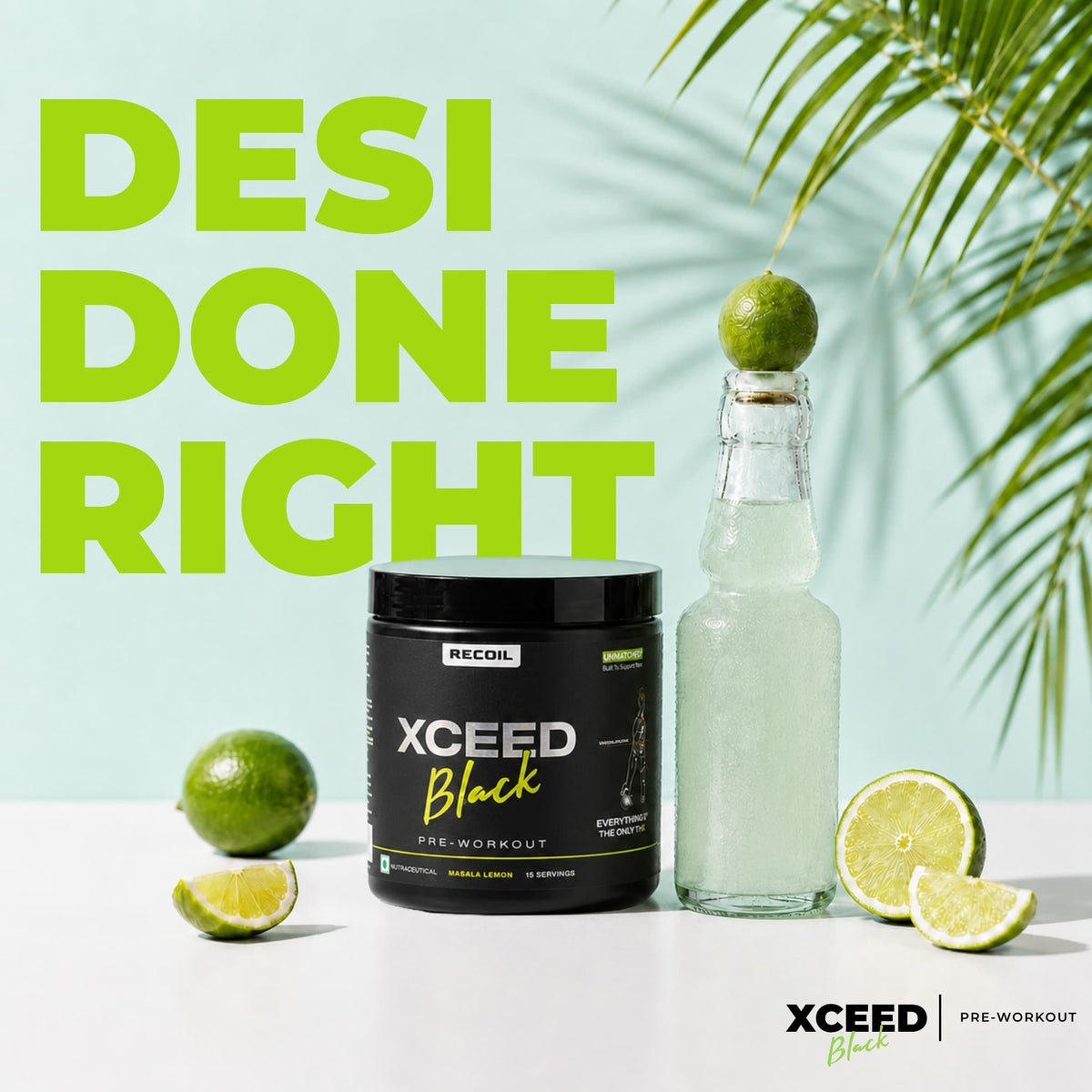 Xceed Black pre-workout supplement with a bottle of limeade and limes on a light blue background.