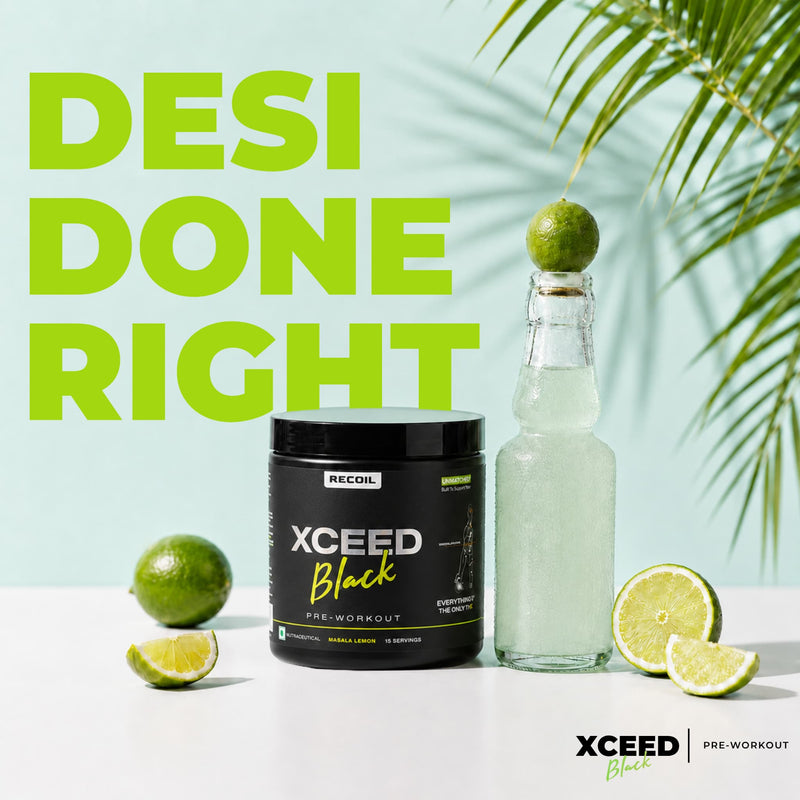 Xceed Black pre-workout supplement with a bottle of limeade and limes on a light blue background.
