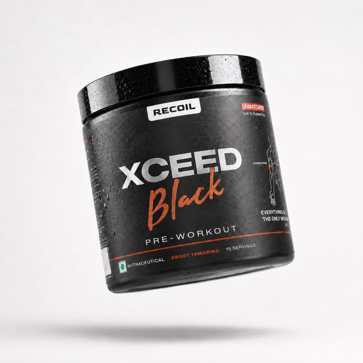 Recoil Xceed Black pre-workout supplement container on a white background