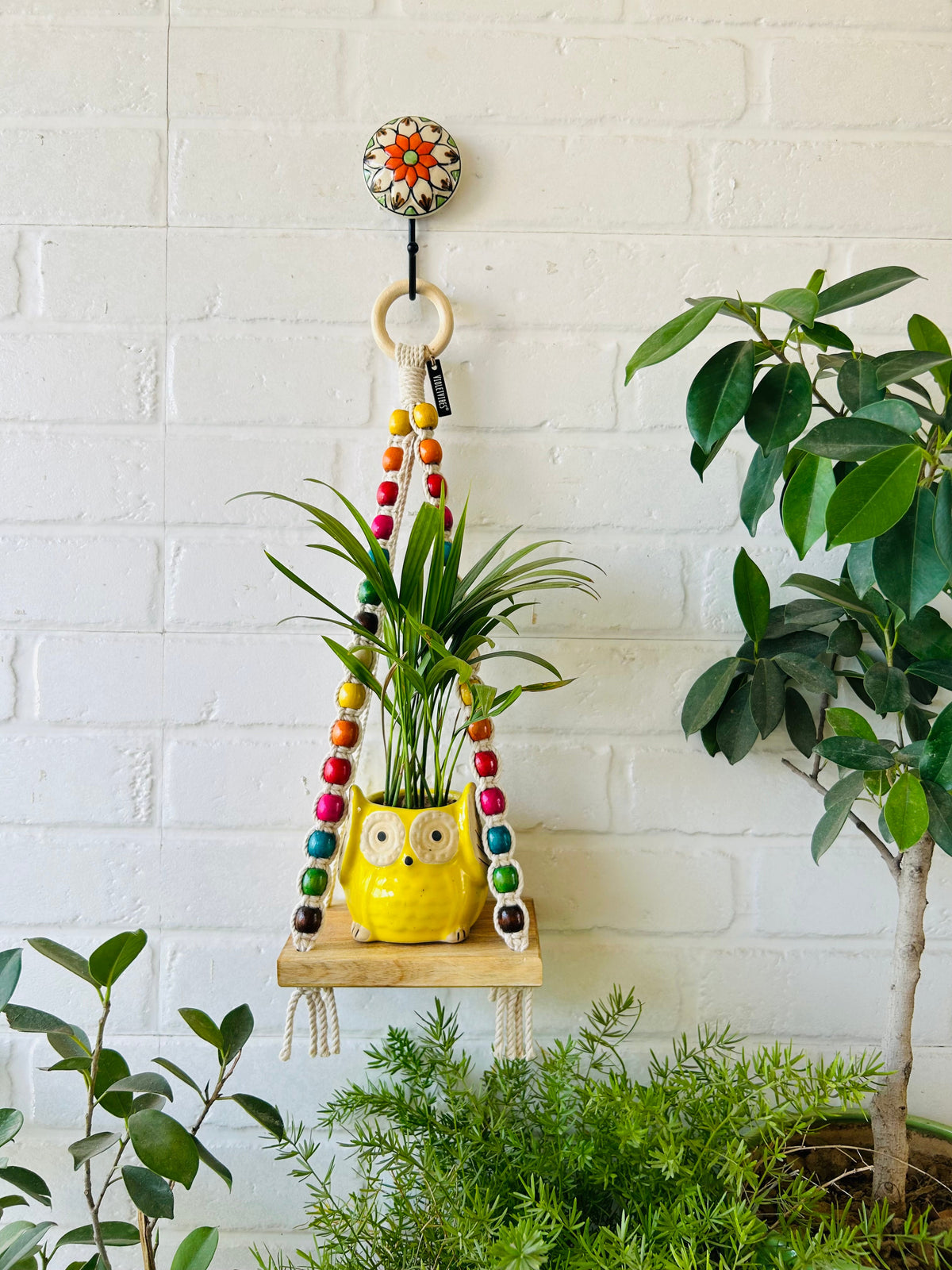Colorful Macrame Beaded’ Mini Wall Shelves with ceramic hooks and ceramic owl planters