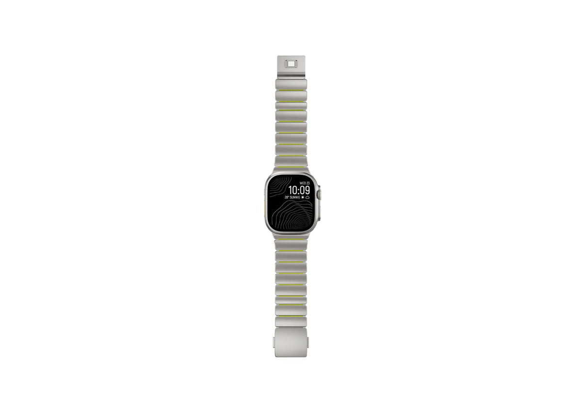 Side profile of Silver & Green Titanium Fusion Apple Watch Strap showcasing premium titanium links, silicone lining and magnetic closure