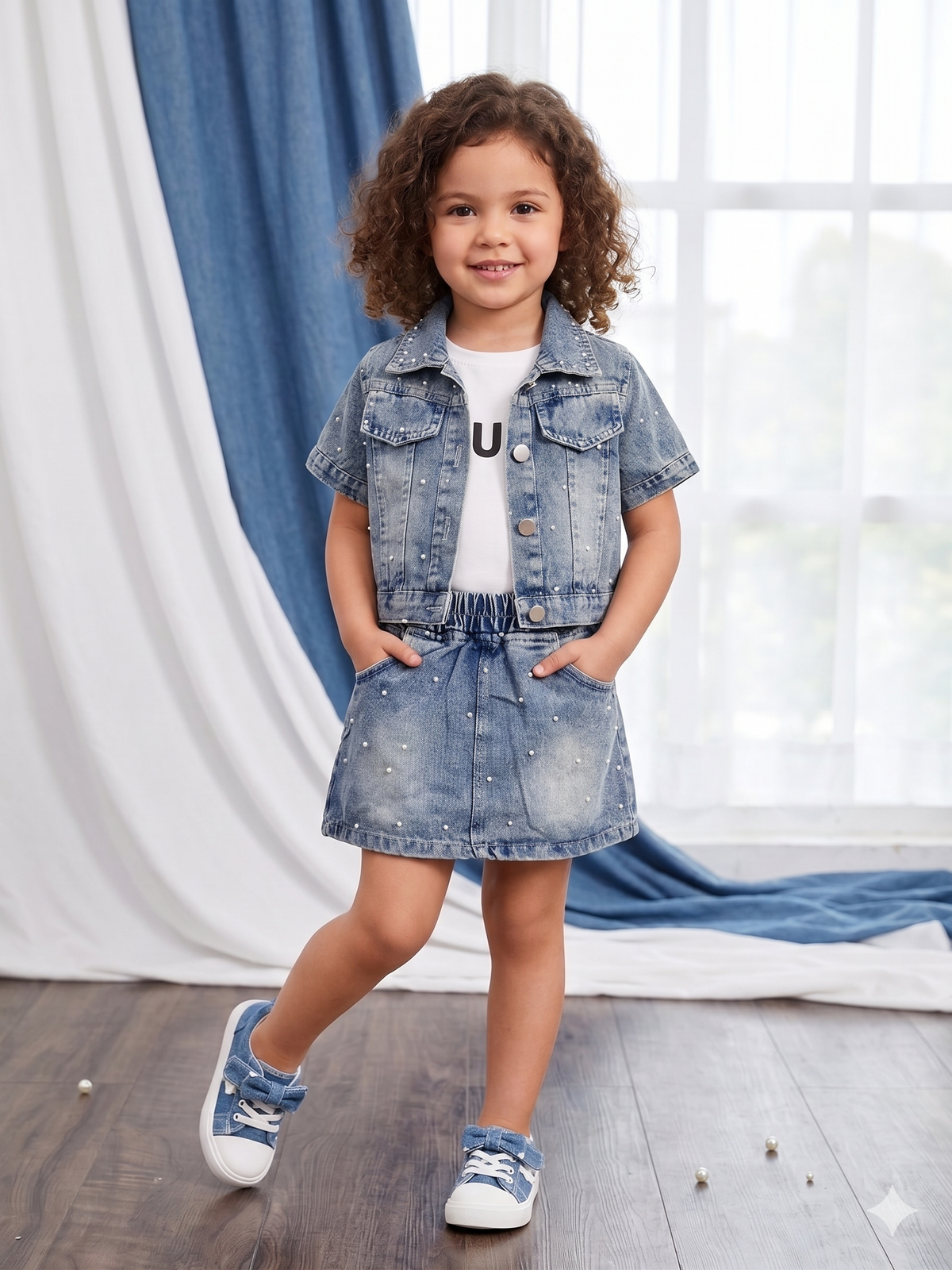 Girl's 3 Piece Denim Embellished Co-Ord Set [GCS-1J-4141] (1-7 Years)