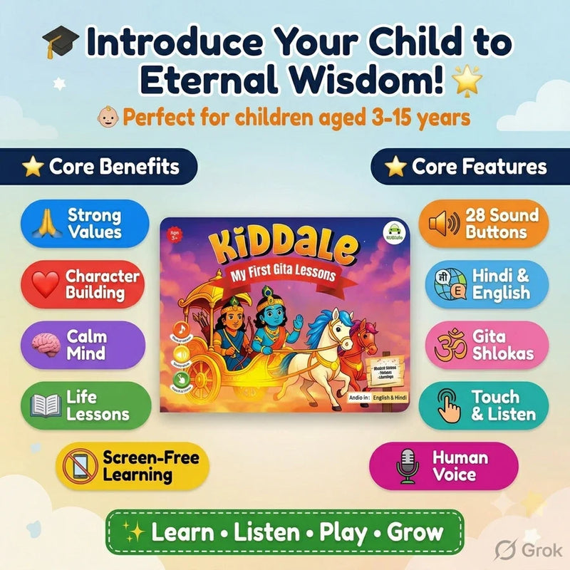 Gita Musical Story Book (3–15 Yrs) | Hindi & English Audio | Gita Shlokas + Easy Meaning+Life Lessons | Teach Dharma, Karma & Values to Kids