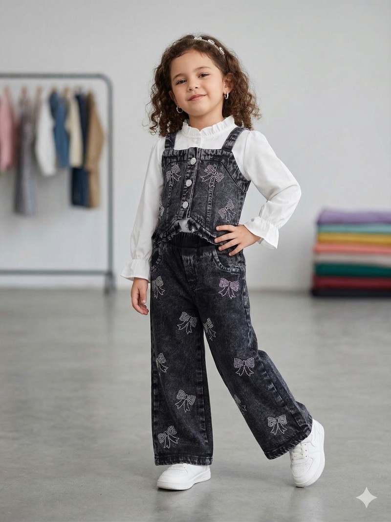 Girls 3Pcs Embellished Charcoal Co-Ord Set [GCS-5J-6919] (4-12Years)