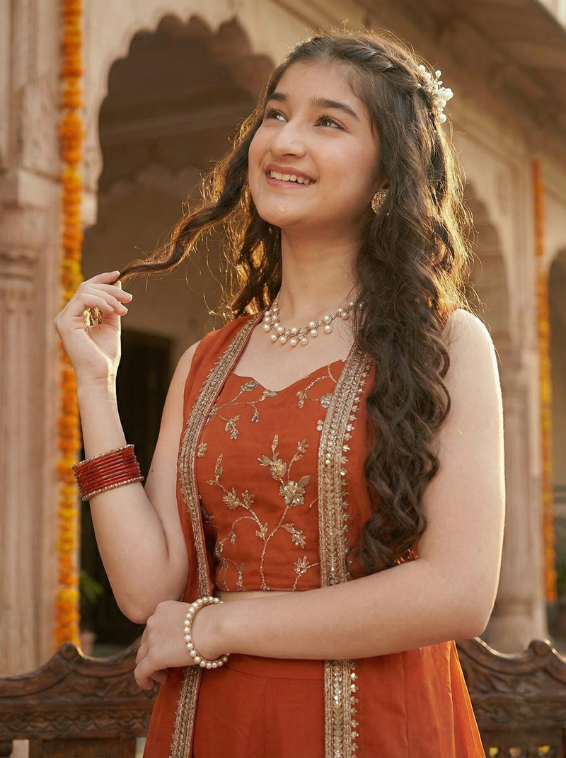 Orange Embroidered Georgette Top, Plazoo Shurg Set for girls