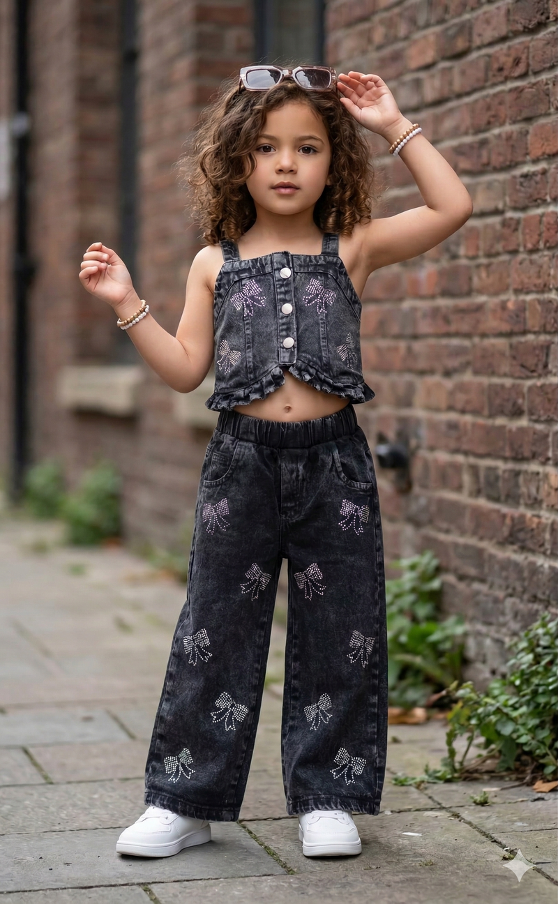 Girls 3Pcs Embellished Charcoal Co-Ord Set [GCS-5J-6919] (4-12Years)