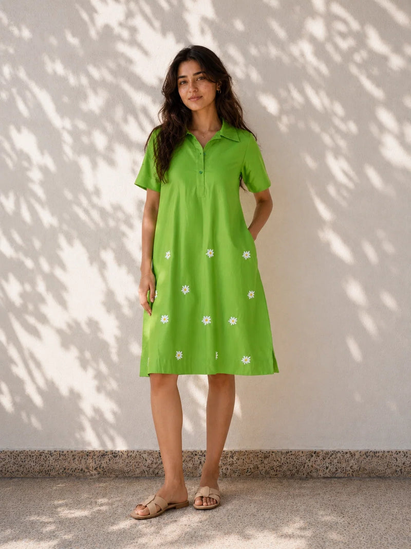 Green Flower Embroidered Cotton Dress