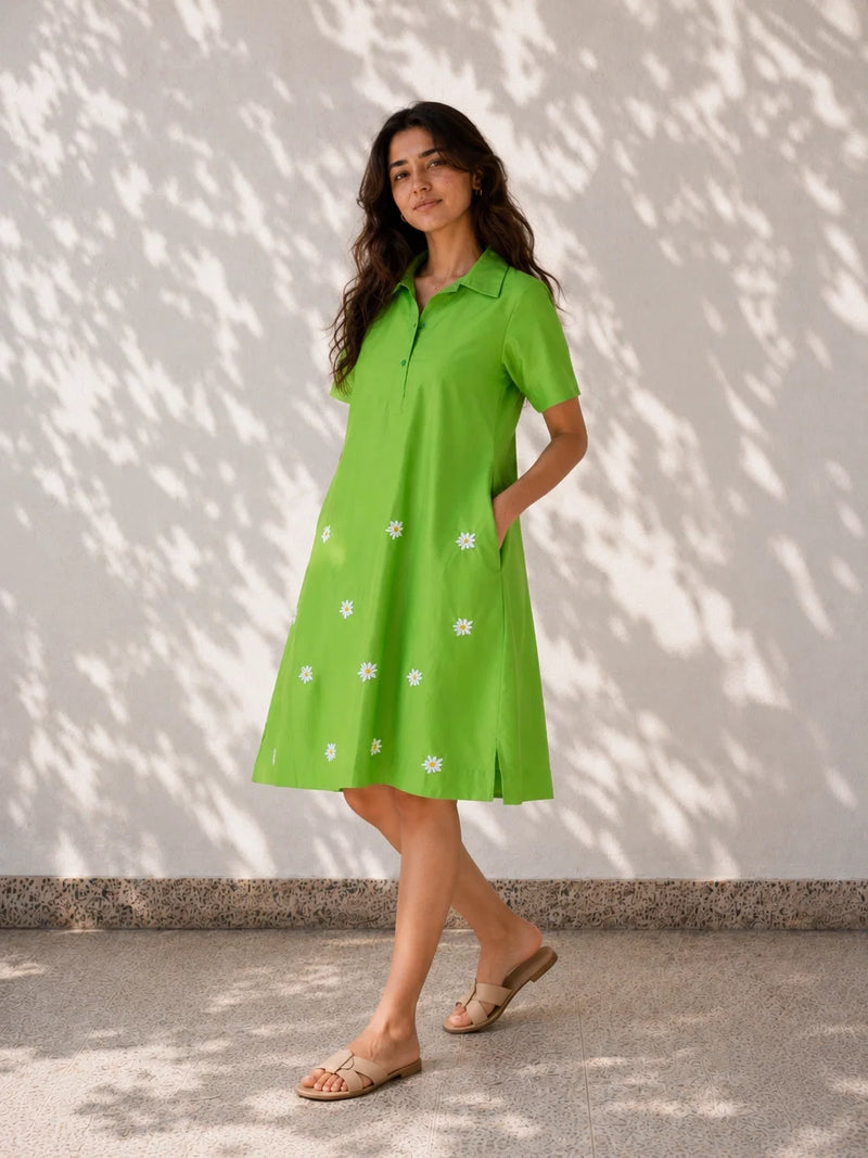 Green Flower Embroidered Cotton Dress
