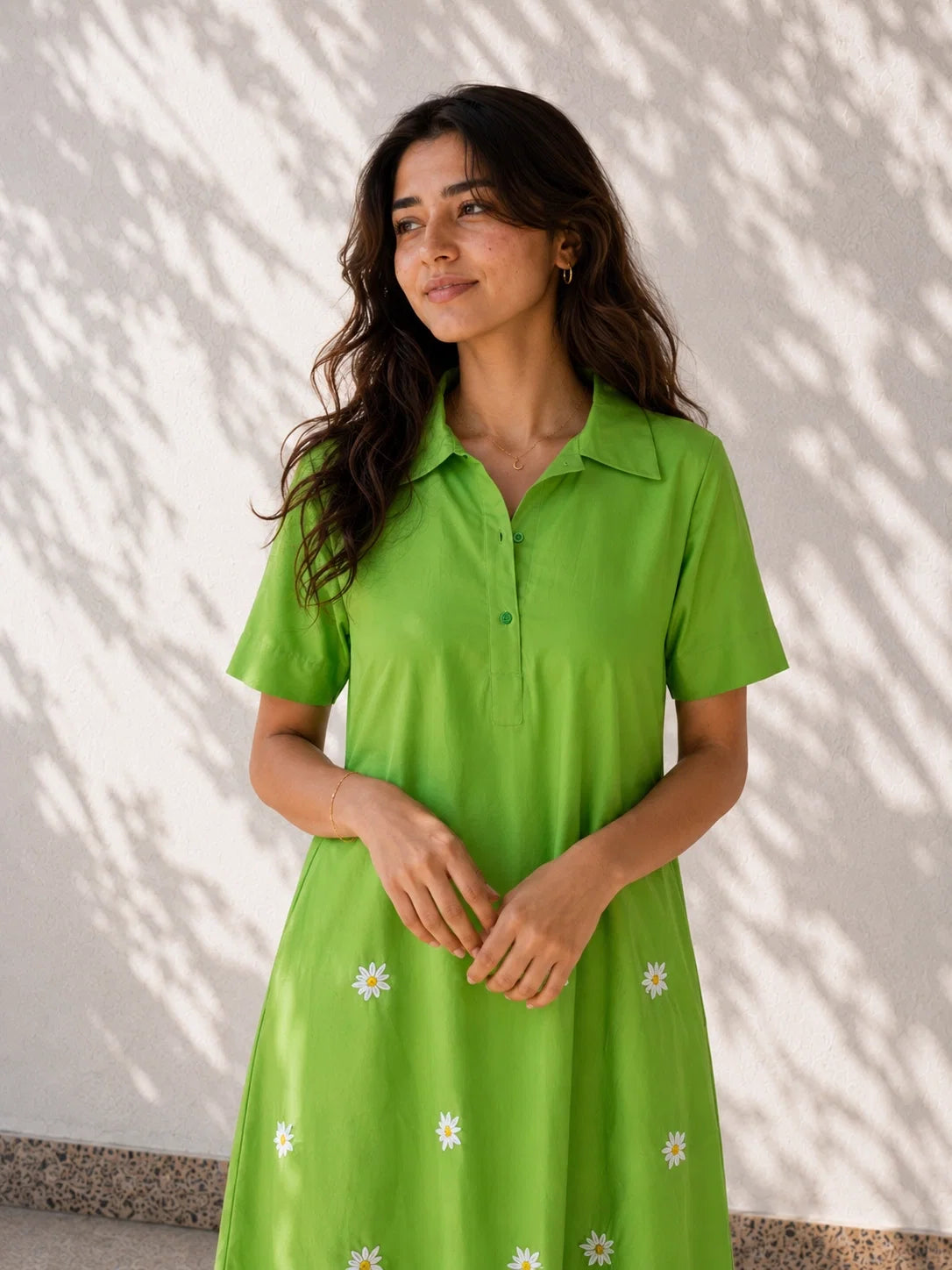 Green Flower Embroidered Cotton Dress