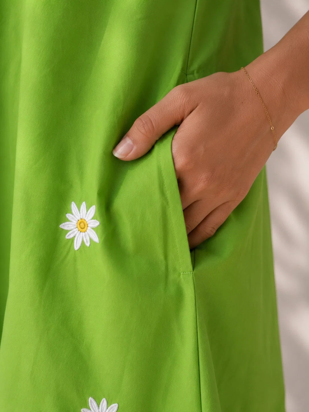 Green Flower Embroidered Cotton Dress