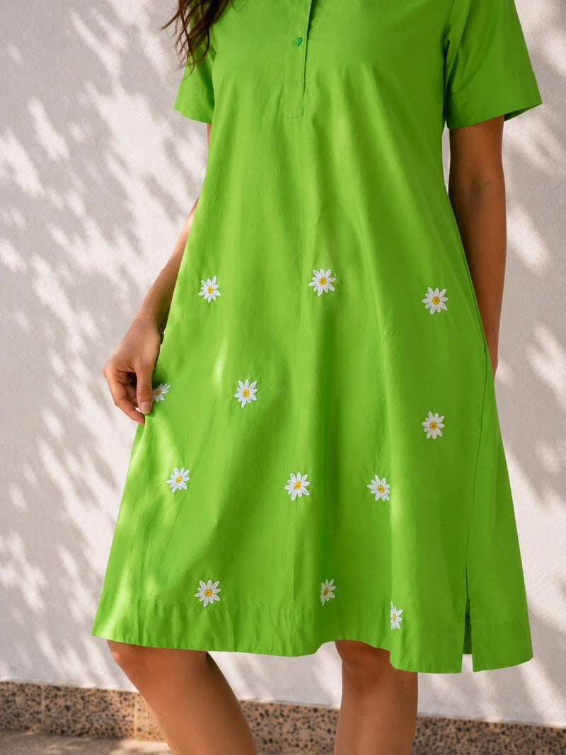 Green Flower Embroidered Cotton Dress