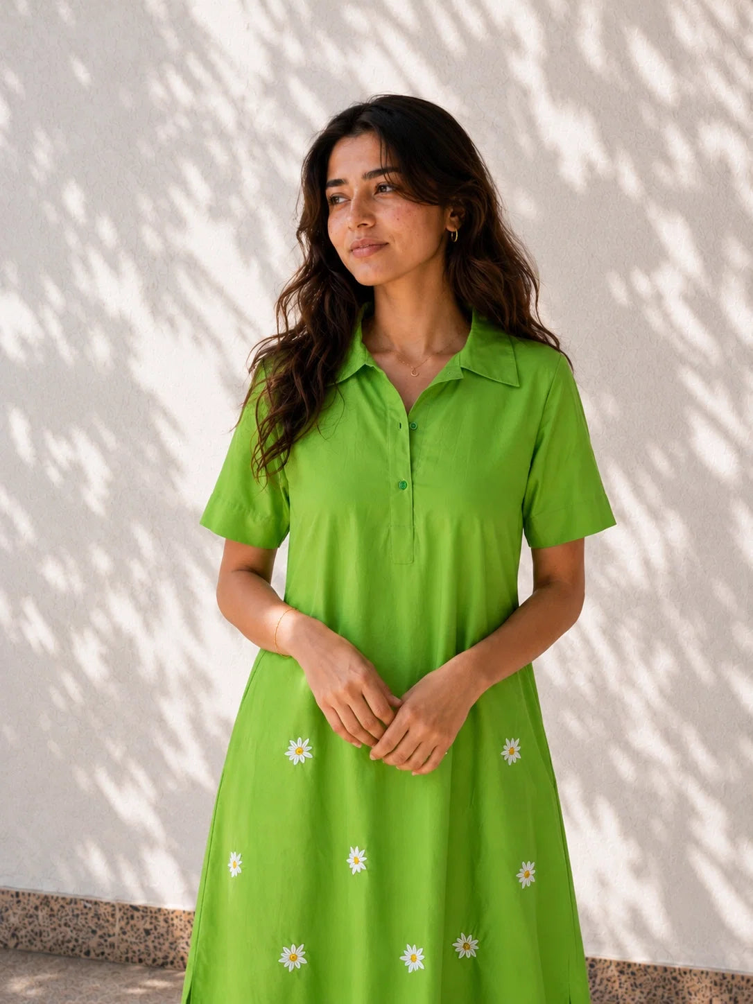 Green Flower Embroidered Cotton Dress