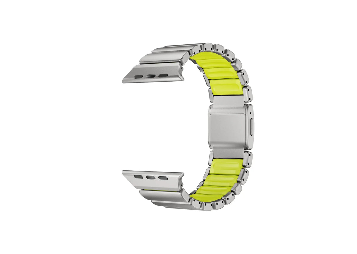 Close-up of the powerful magnetic clasp on the Silver & Green Titanium Fusion Apple Watch Strap for a secure and adjustable fit
