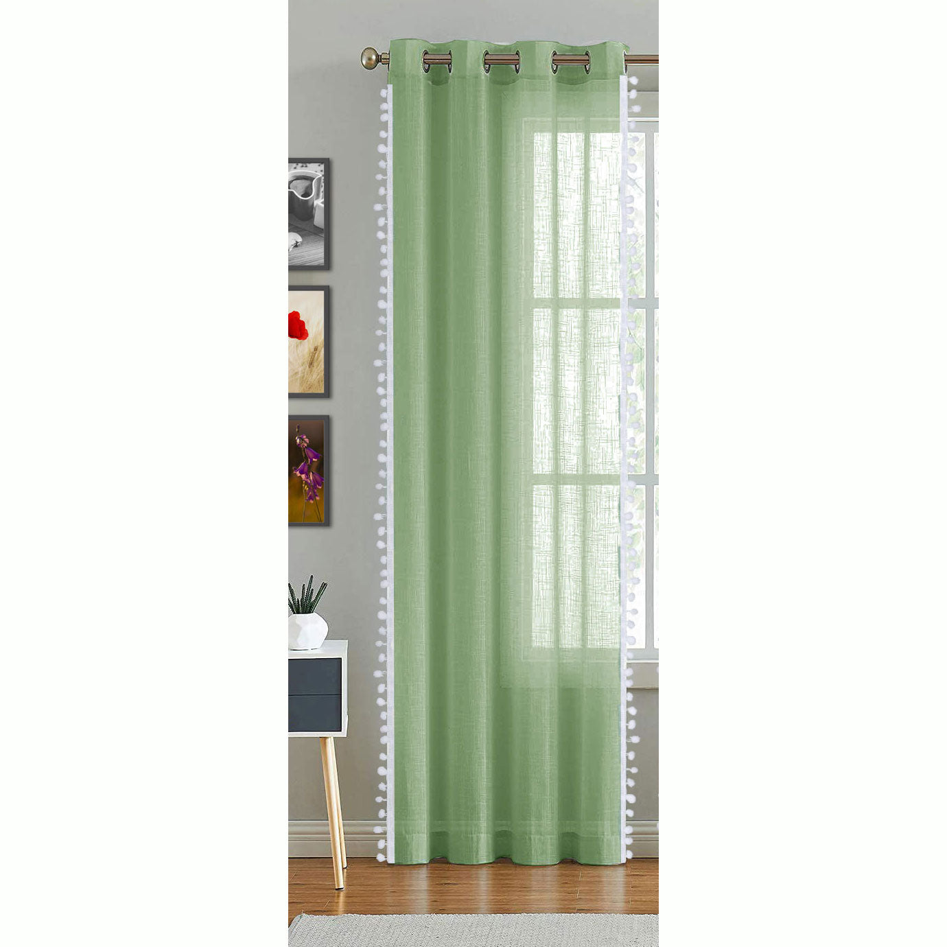 Fort Handpicked Breeze - White PomPom Border Solid Sheer Curtain (Mint Green)-12