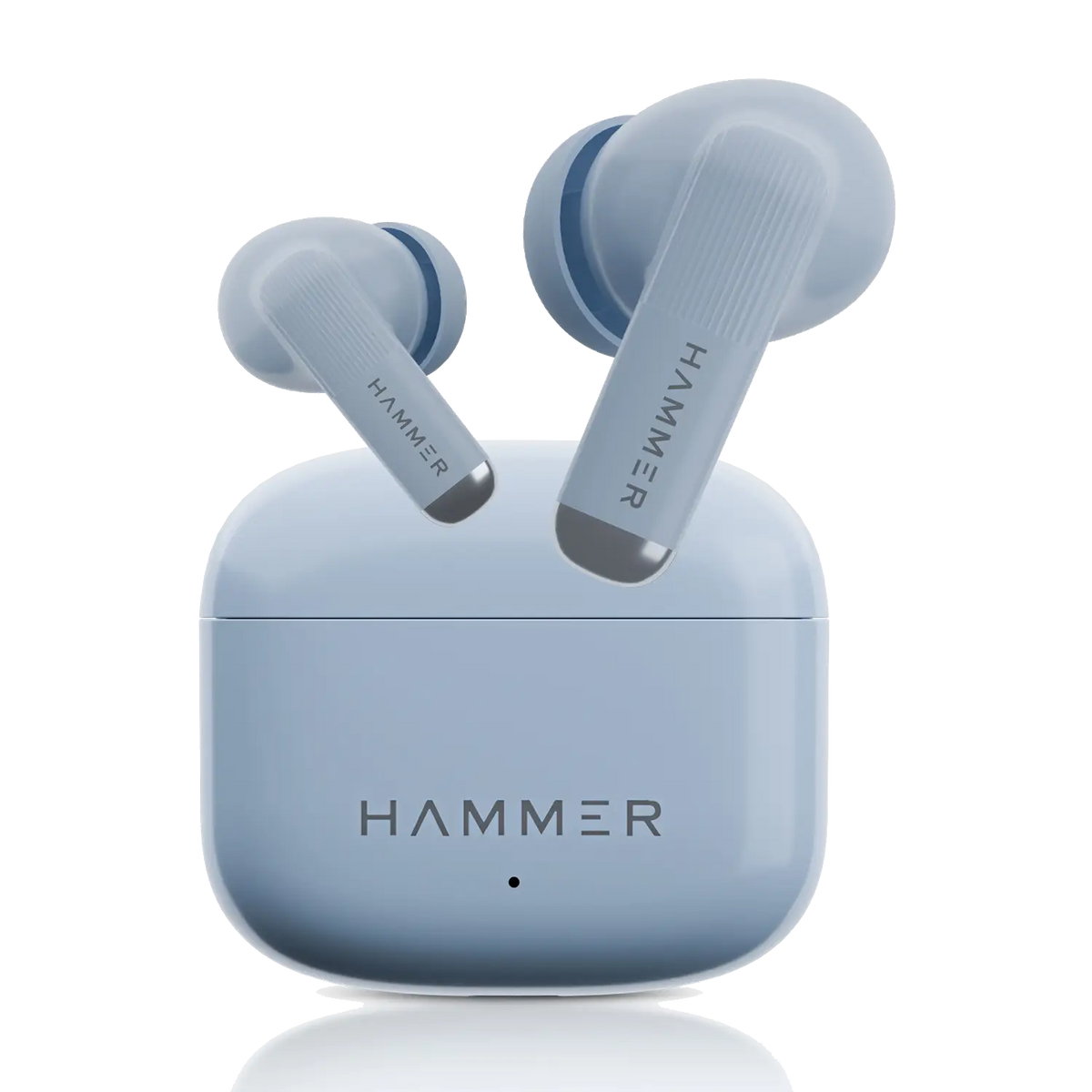 Blue wireless earbuds with charging case on a white background, featuring the 'HAMMER' brand.
