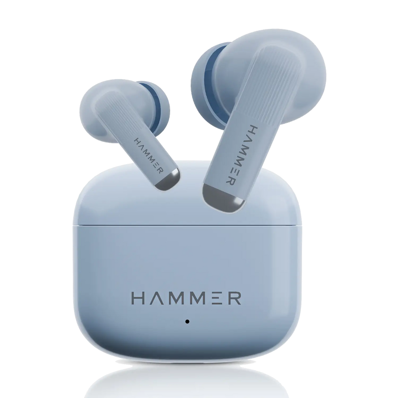 Blue wireless earbuds with charging case on a white background, featuring the 'HAMMER' brand.