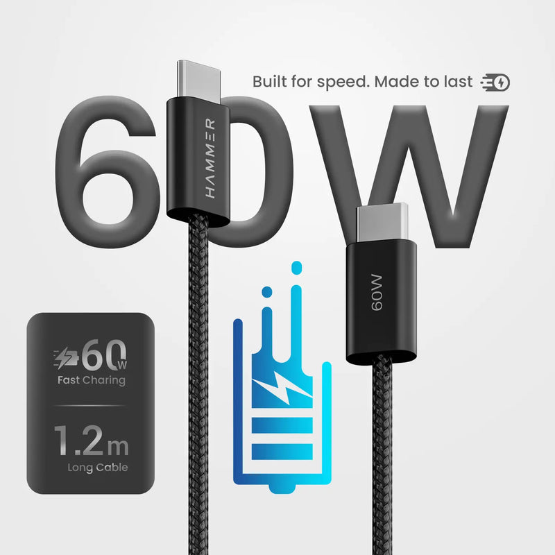 Hammer 60W Type C to C PD Fast Charging Braided 1.2 Meter Cable, Compatible with all C-Type Enabled Devices-7