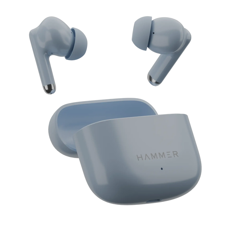 Blue wireless earbuds with charging case