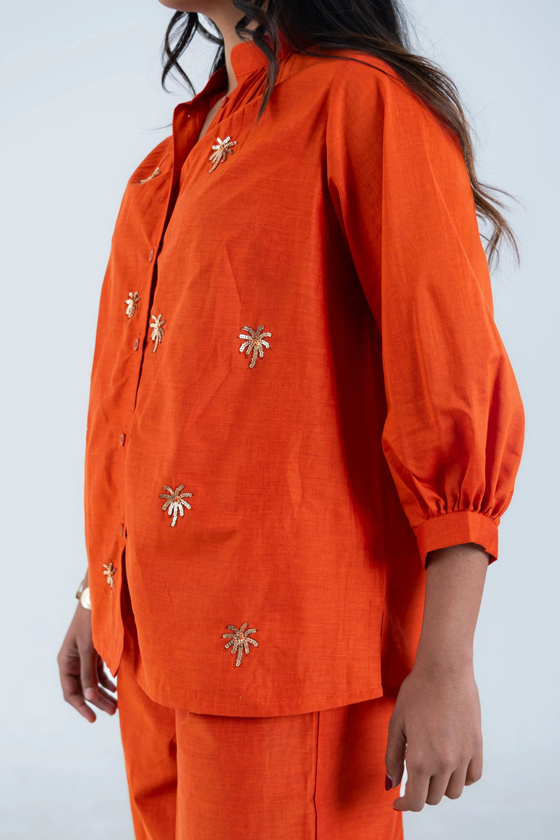 Burnt Orange Cotton Co-Ord with Palm Embroidery