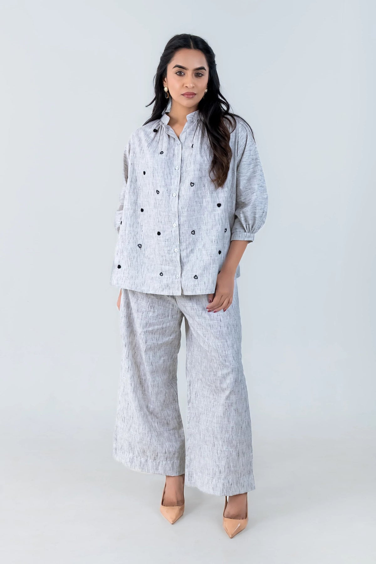 Grey Cotton Co-Ord with Heart Embroidery