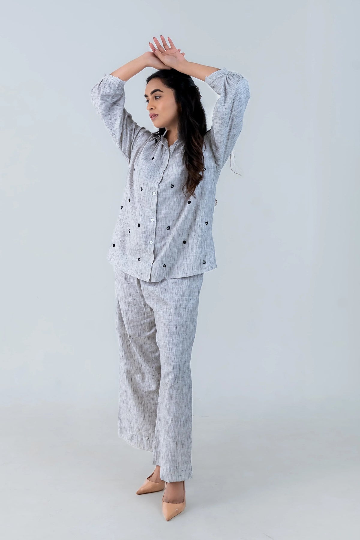 Grey Cotton Co-Ord with Heart Embroidery