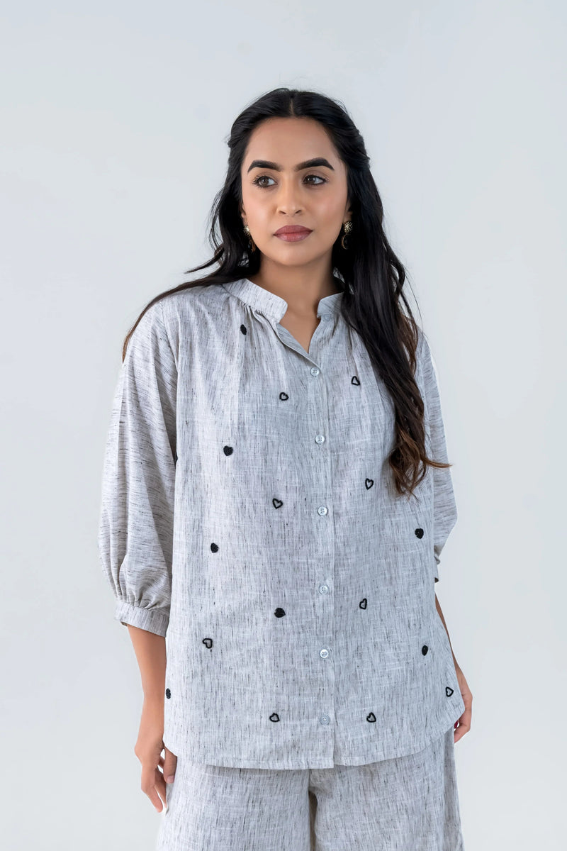 Grey Cotton Co-Ord with Heart Embroidery