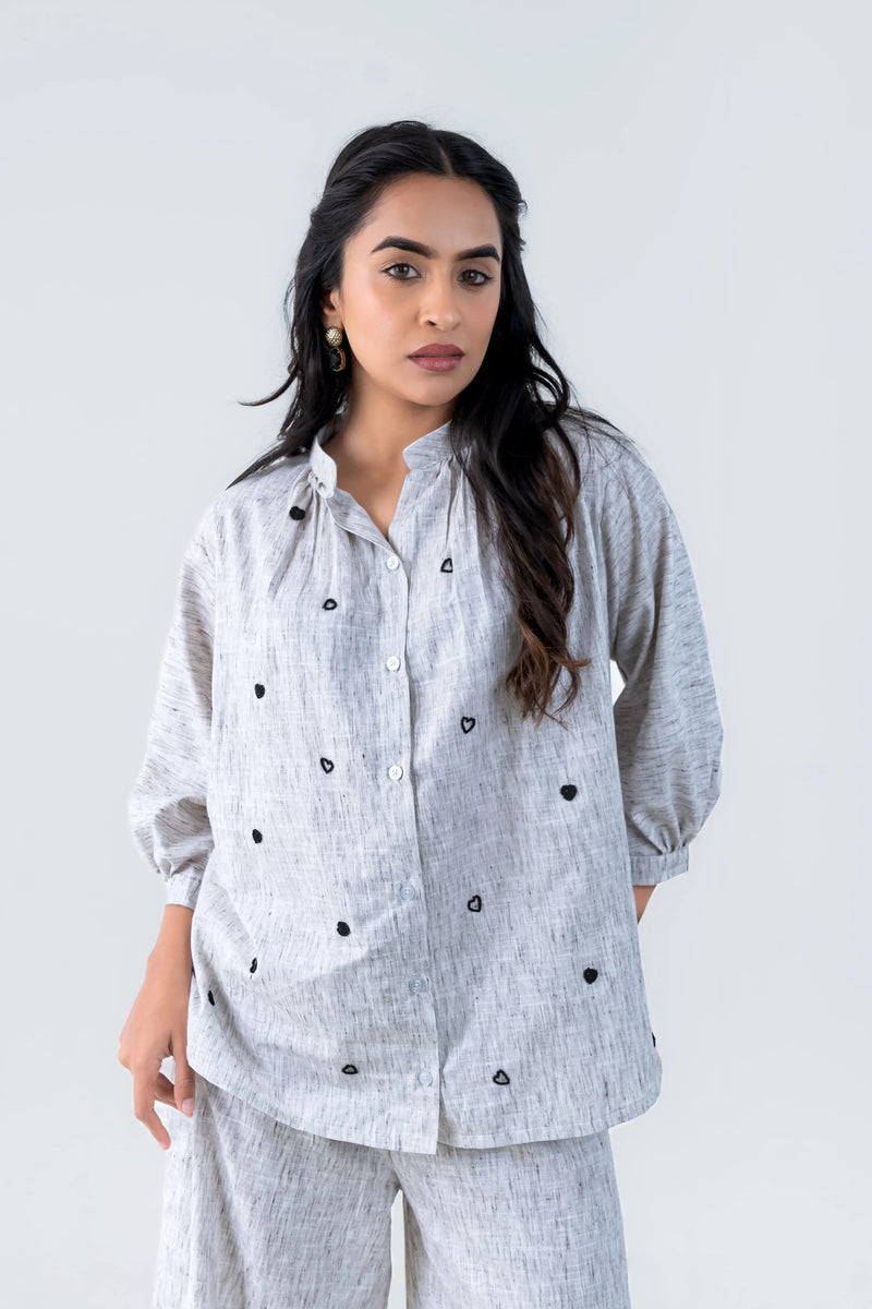 Grey Cotton Co-Ord with Heart Embroidery