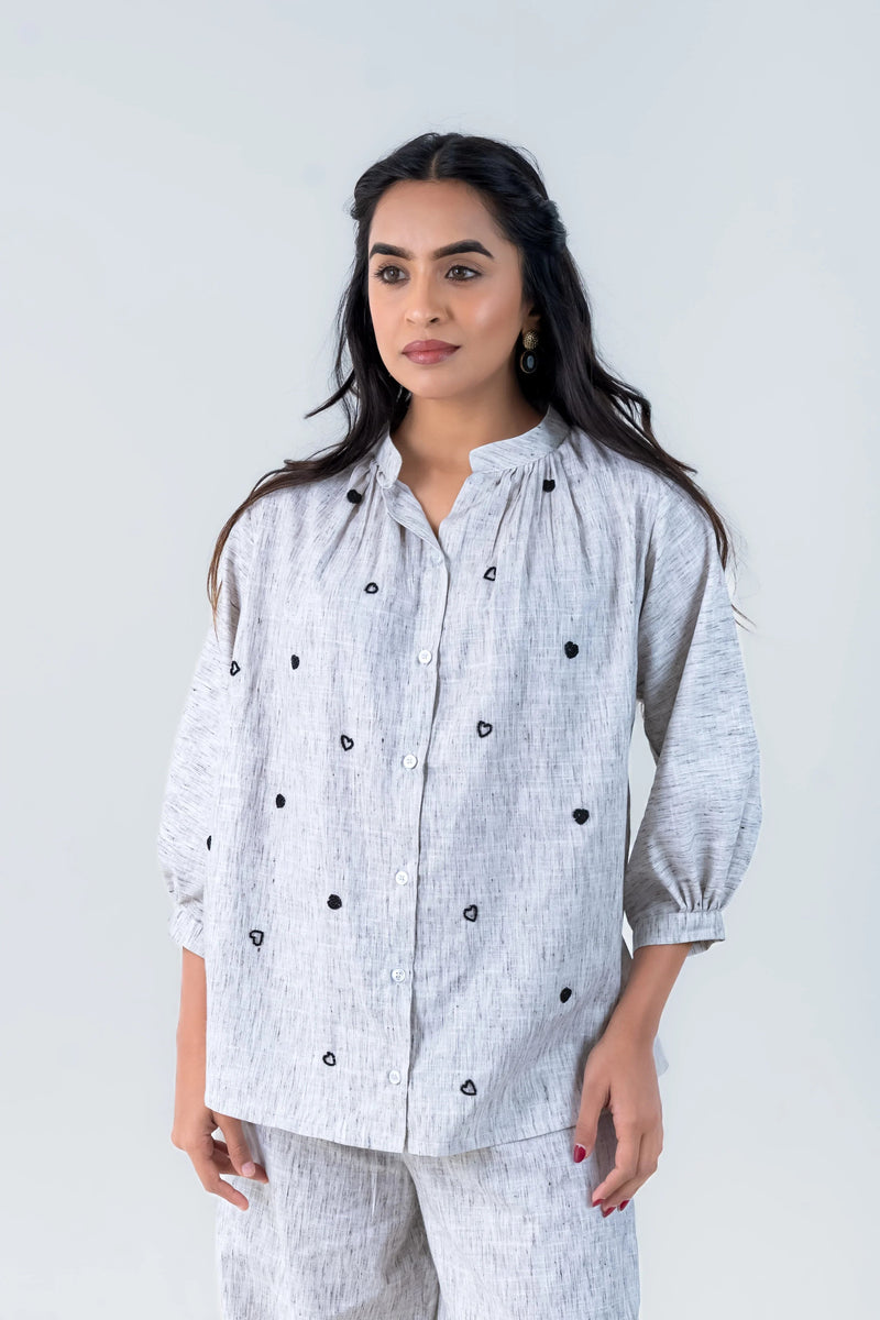 Grey Cotton Co-Ord with Heart Embroidery