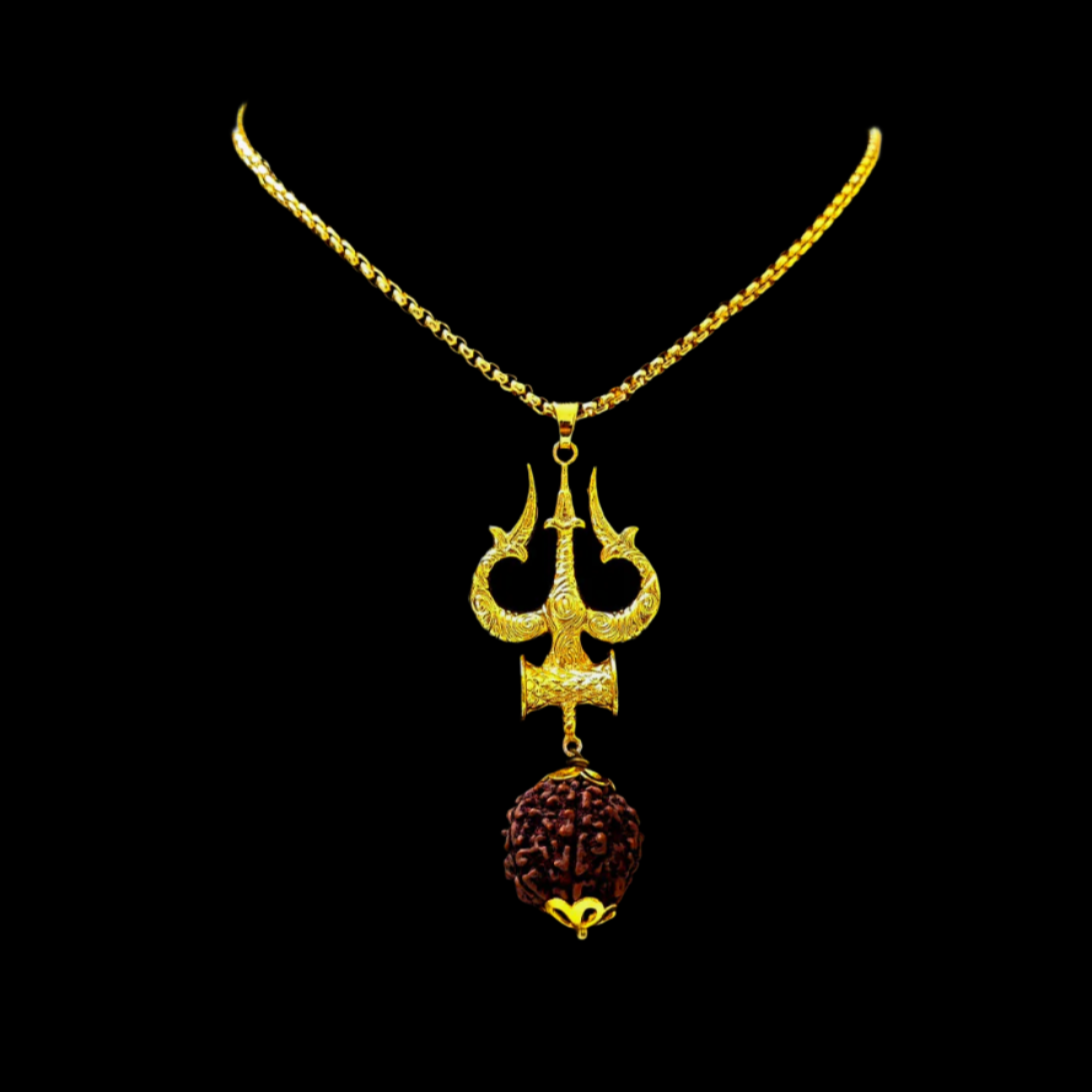 Trishul Pendant Chain Close Up Gold PVD Men India