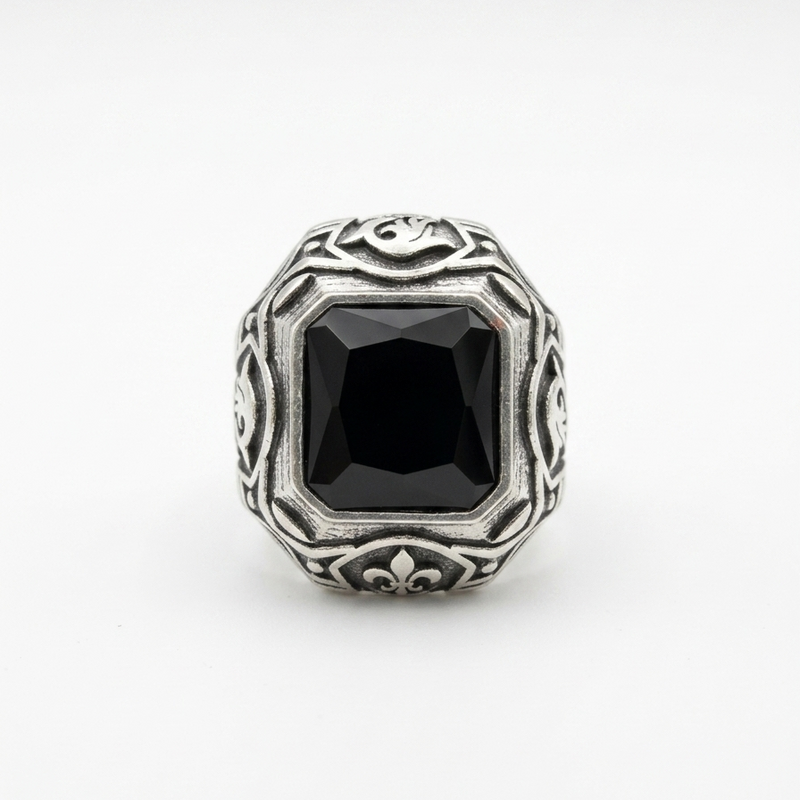 Ornate Oxidised Black Gem Signet Ring Water-Resistant Men India