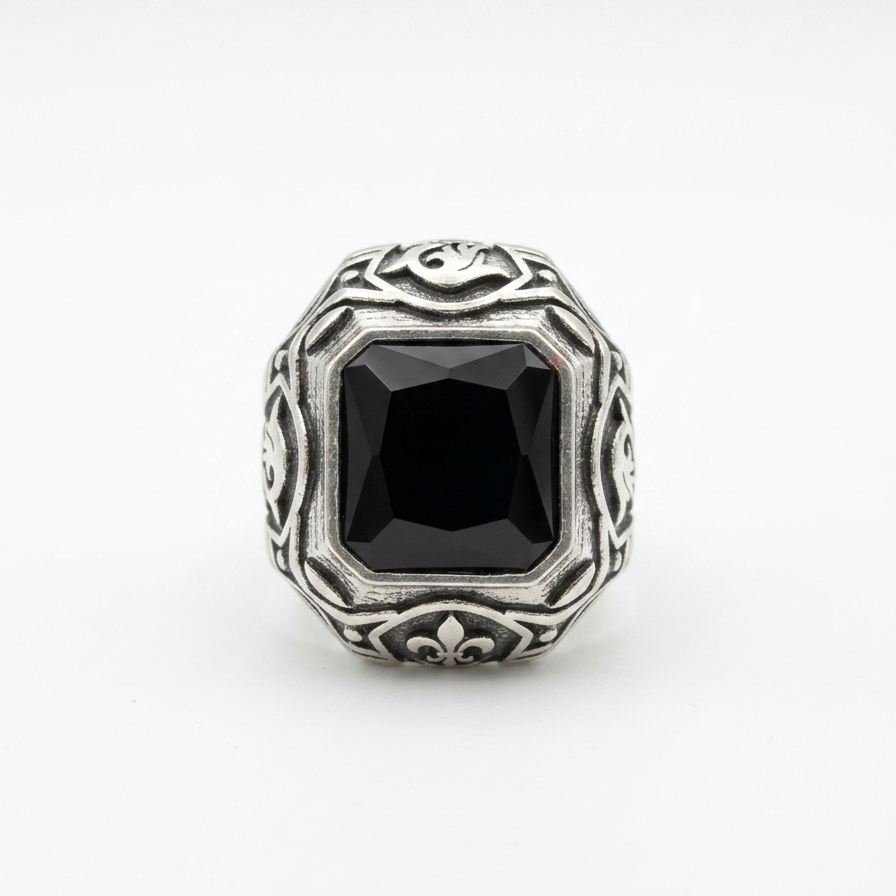Ornate Oxidised Black Gem Signet Ring Water-Resistant Men India