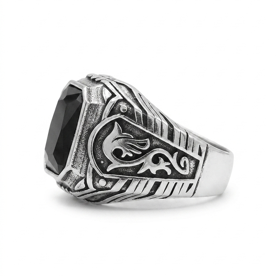 Black Gem Signet Ring Oxidised Men Daily Wear UniqueJewels