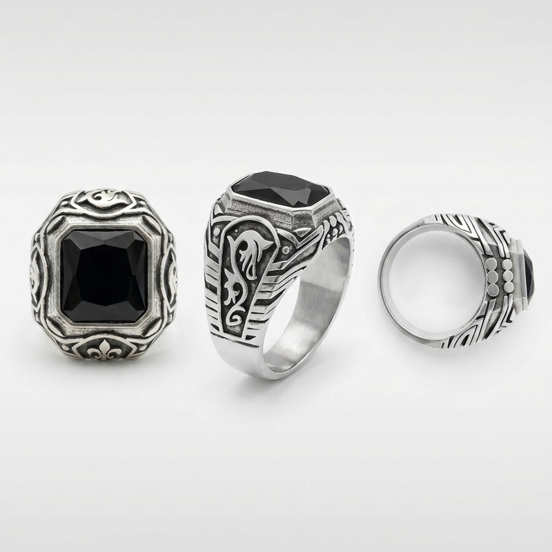 Oxidised Signet Ring Black Gem Close Up Men India