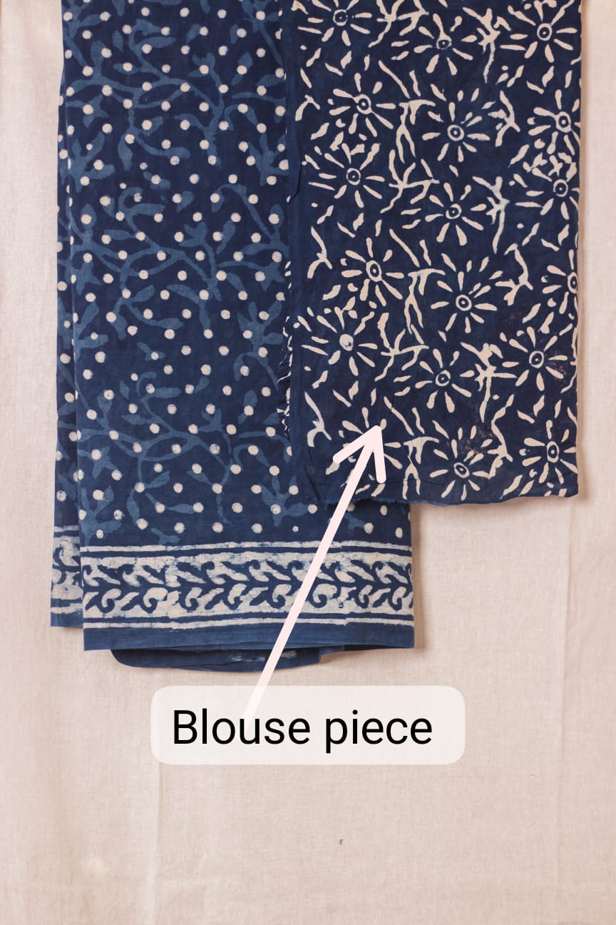 Cotton Mul Bagru Saree Indigo Dots-9