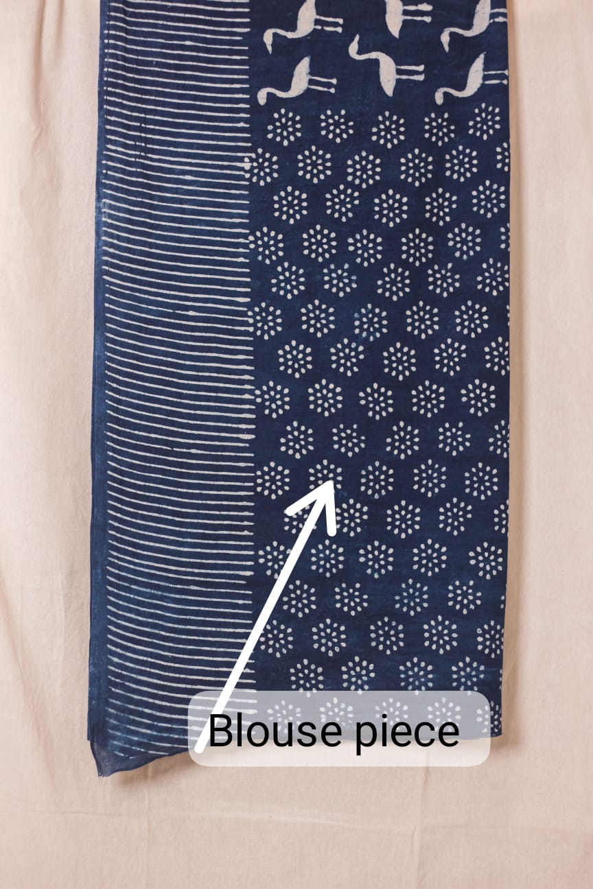 Cotton Mul Bagru Saree Indigo Flamingo-8