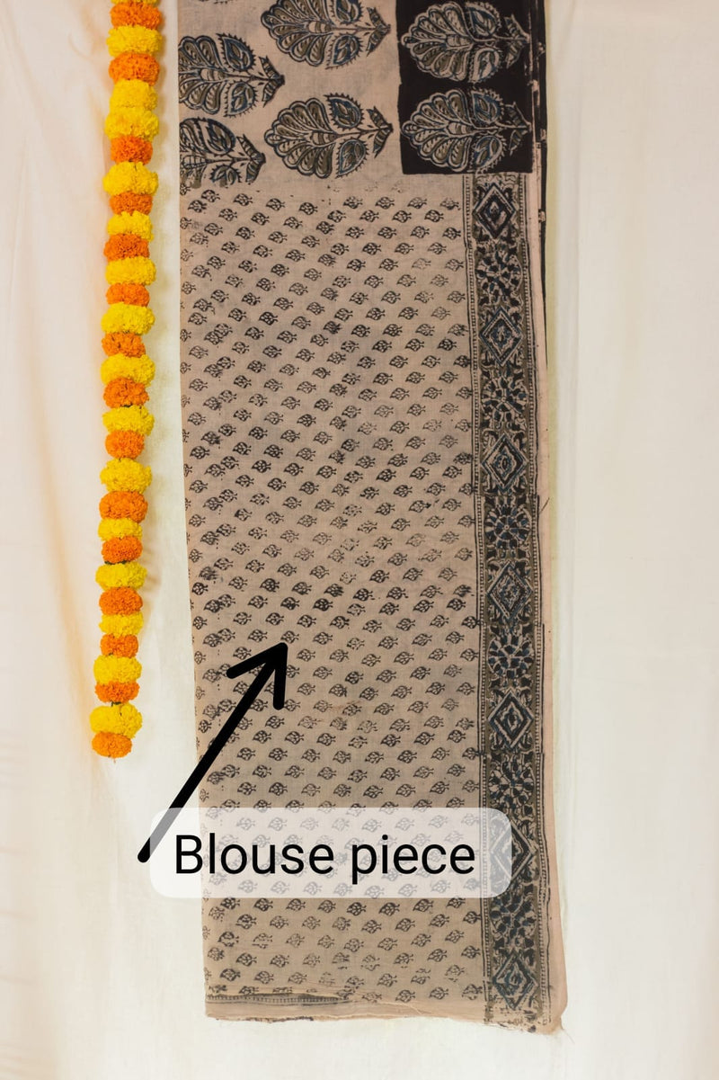 Mul Cotton Block Printed Saree Kalamkari Midnight Magic-9